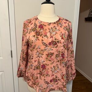 LOFT Peach-Pink Floral Round-Neck Long Sleeve Blouse